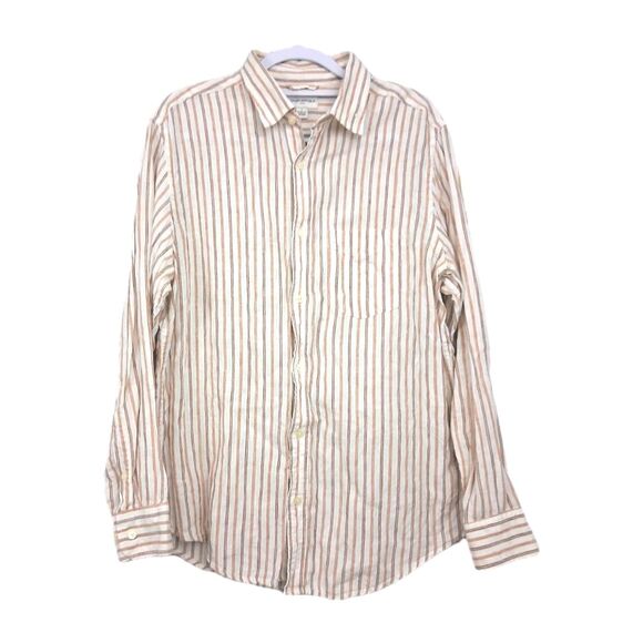 Banana Republic Shirt Mens Large 100% Linen Beige Stripes Button Up Coastal - Picture 1 of 6